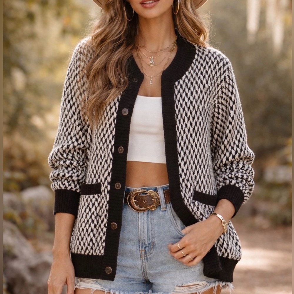 Vintage H.E.R. Black White Houndstooth Button Up Knit Cardigan Sweater Large - Picture 11 of 11